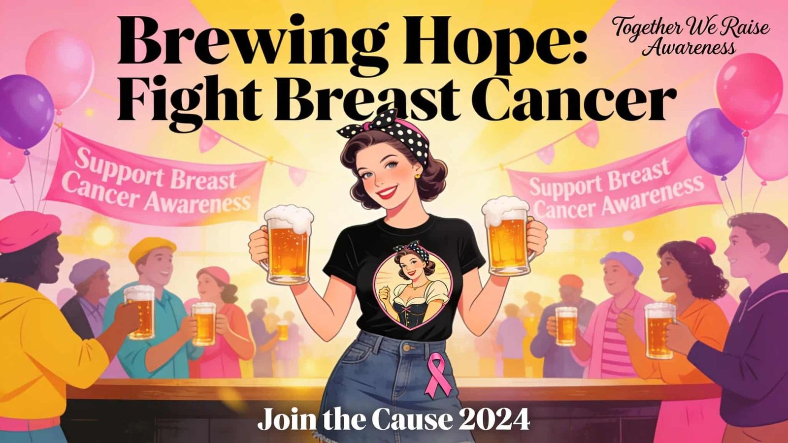 Black t-shirt featuring vintage-style graphic of a pin-up woman holding beer mugs, promoting breast cancer awareness