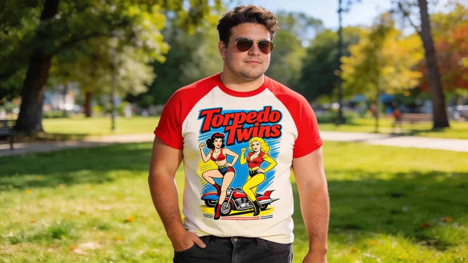 Man in Navy Be Knotty Torpedo Twins pin-up graphic t-shirt representing bold self-expression