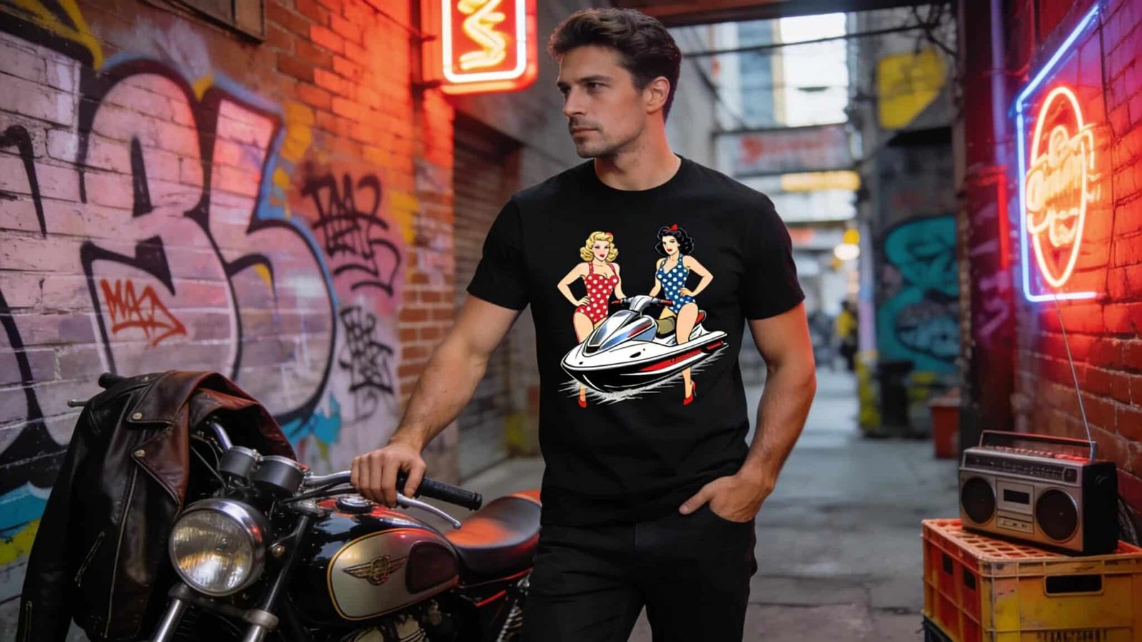 Man wearing black t-shirt with vintage jet ski and pin-up women graphic, representing rebellious fashion style