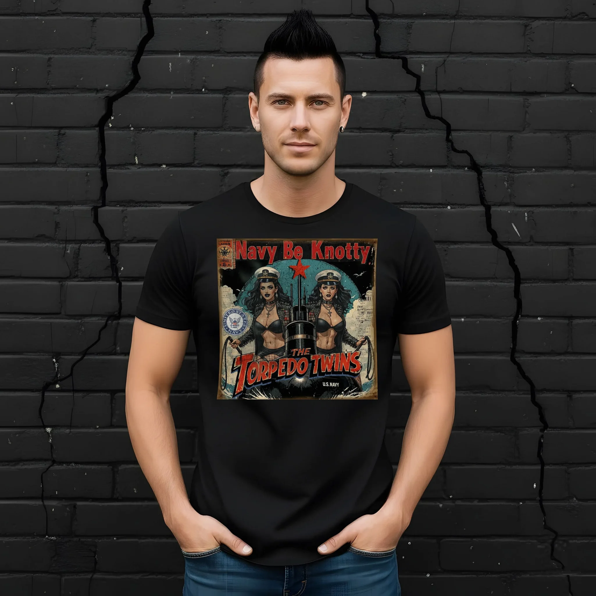 Man in black t-shirt with 'Navy Be Knotty: The Torpedo Twins' pin-up design.