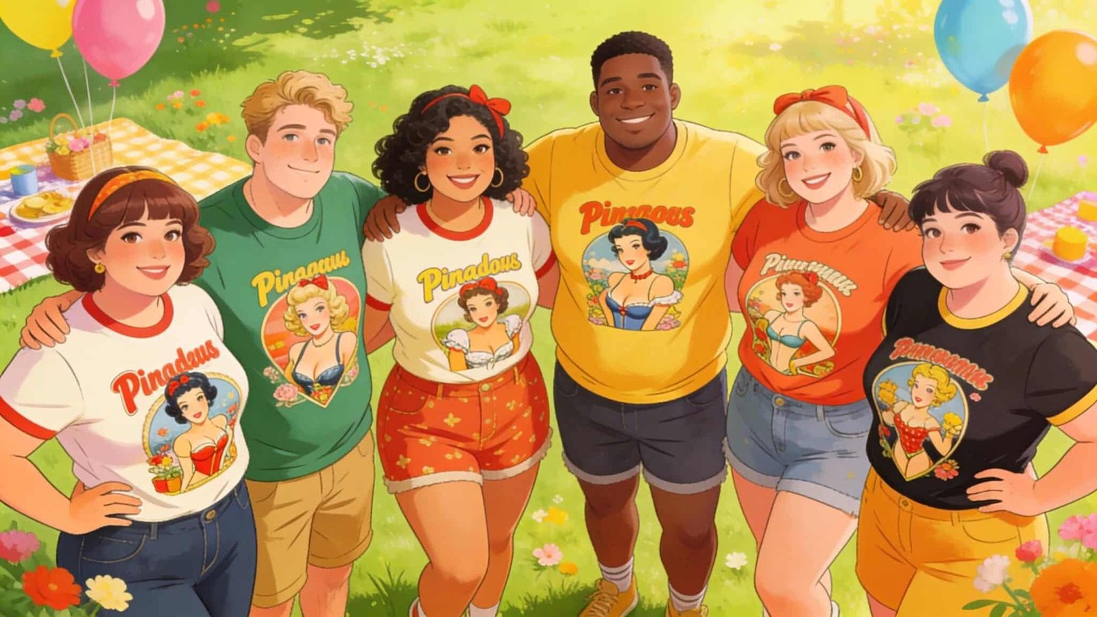 Diverse group showcasing body positivity in vintage pin-up graphic t-shirts