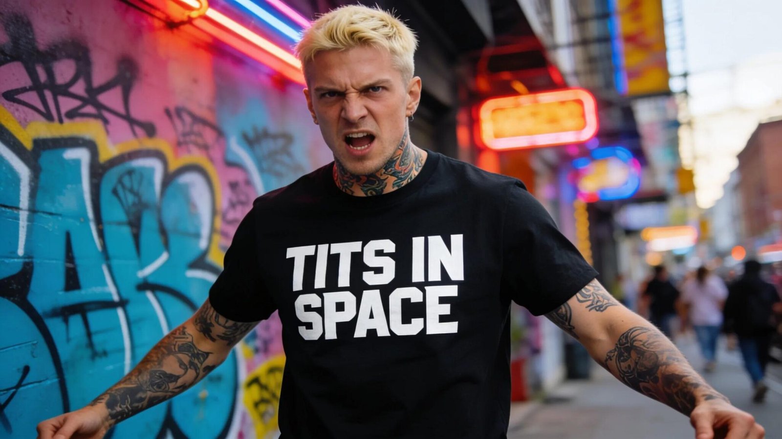 Blonde man with tattoos wearing black TITS IN SPACE t-shirt
