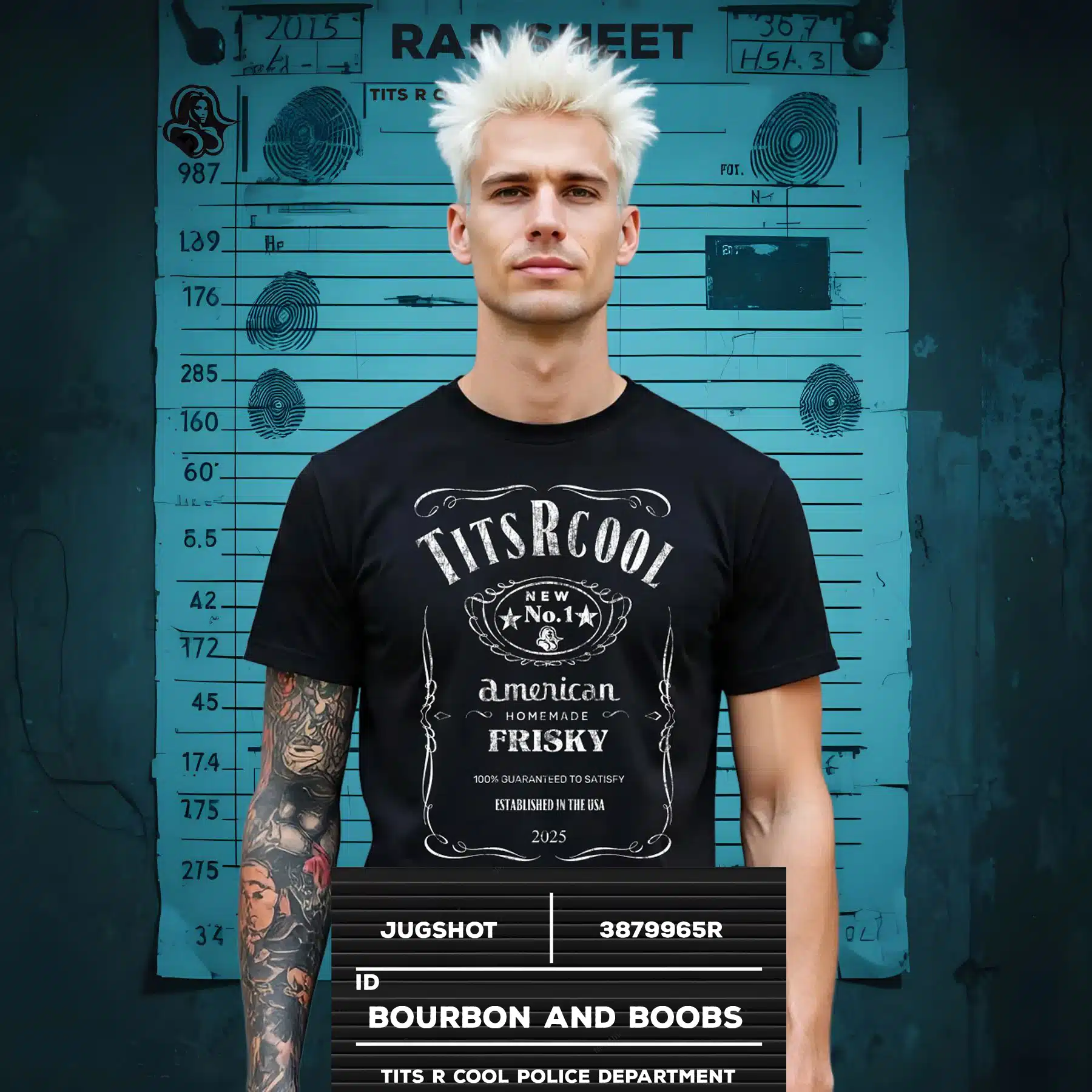 Young man with white hair wearing a black t-shirt featuring "TITS R COOL" branding and "BOURBON AND BOOBS" text, posed against a blue police mugshot backdrop, representing themed apparel for the 'Libation Sensations' category.