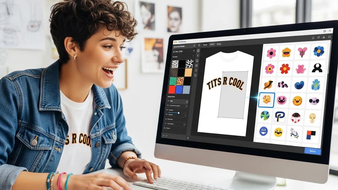 Customer customizing a Tits R Cool graphic tee using an online design tool
