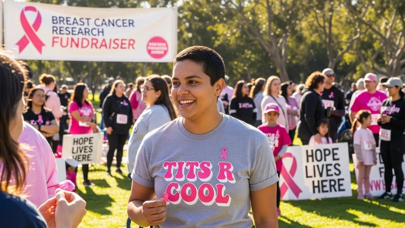 Customer wearing a Tits R Cool graphic tee at a community event supporting breast cancer research, showcasing pride and connection