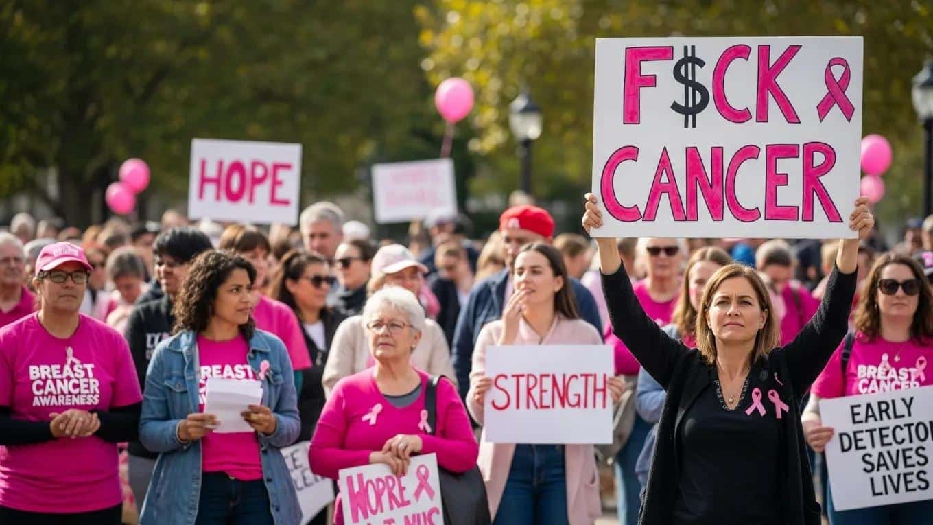 people getting together for breast cancer awareness someone holding a sign that says f$ck cancer