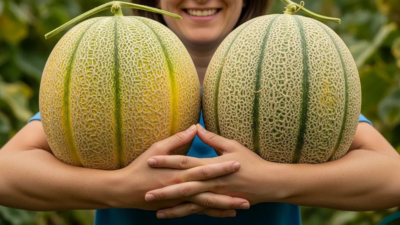 person holding two large melons in front of their chest