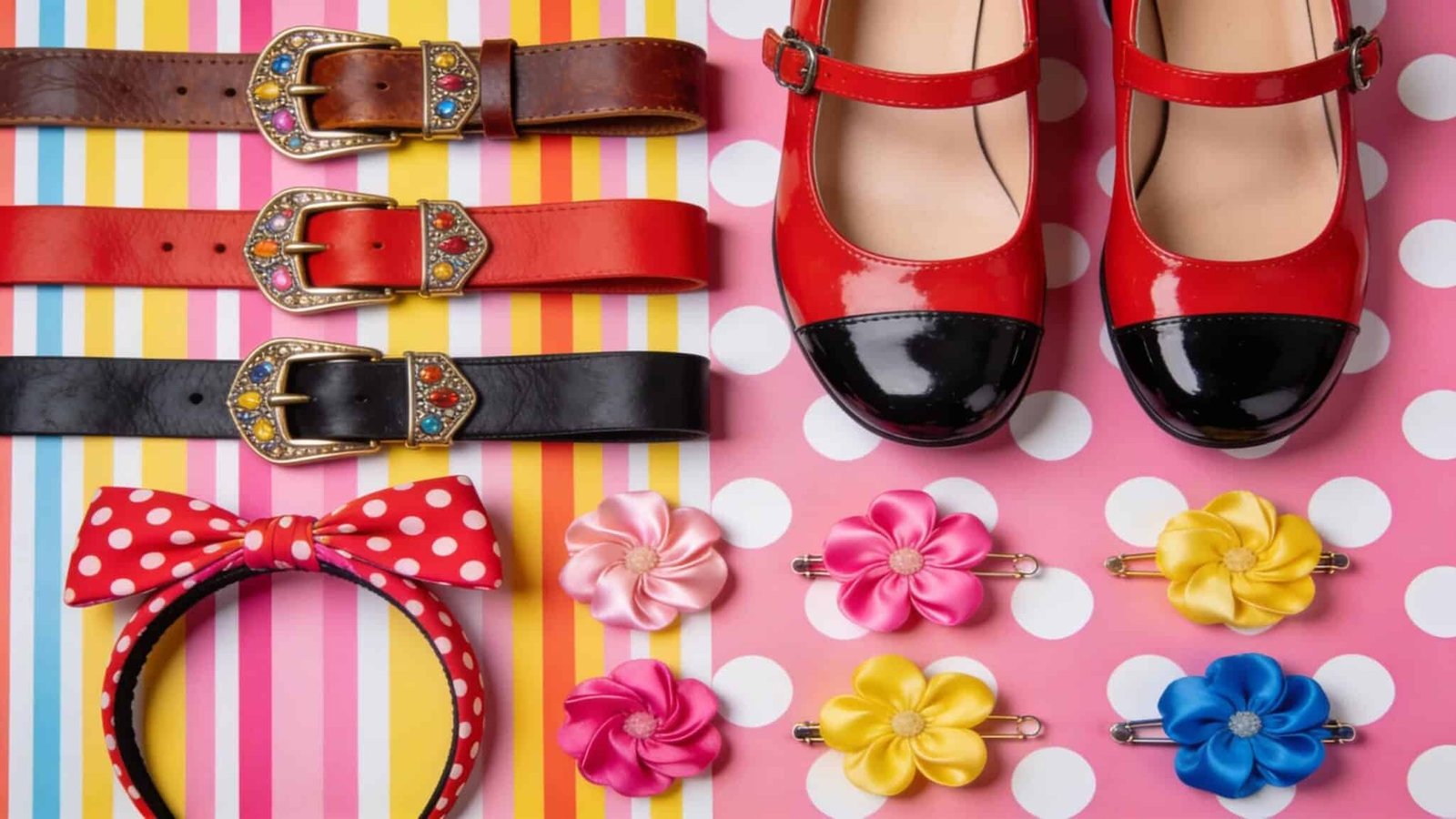Flat lay of vintage accessories for enhancing pin-up style including belts and hair clips