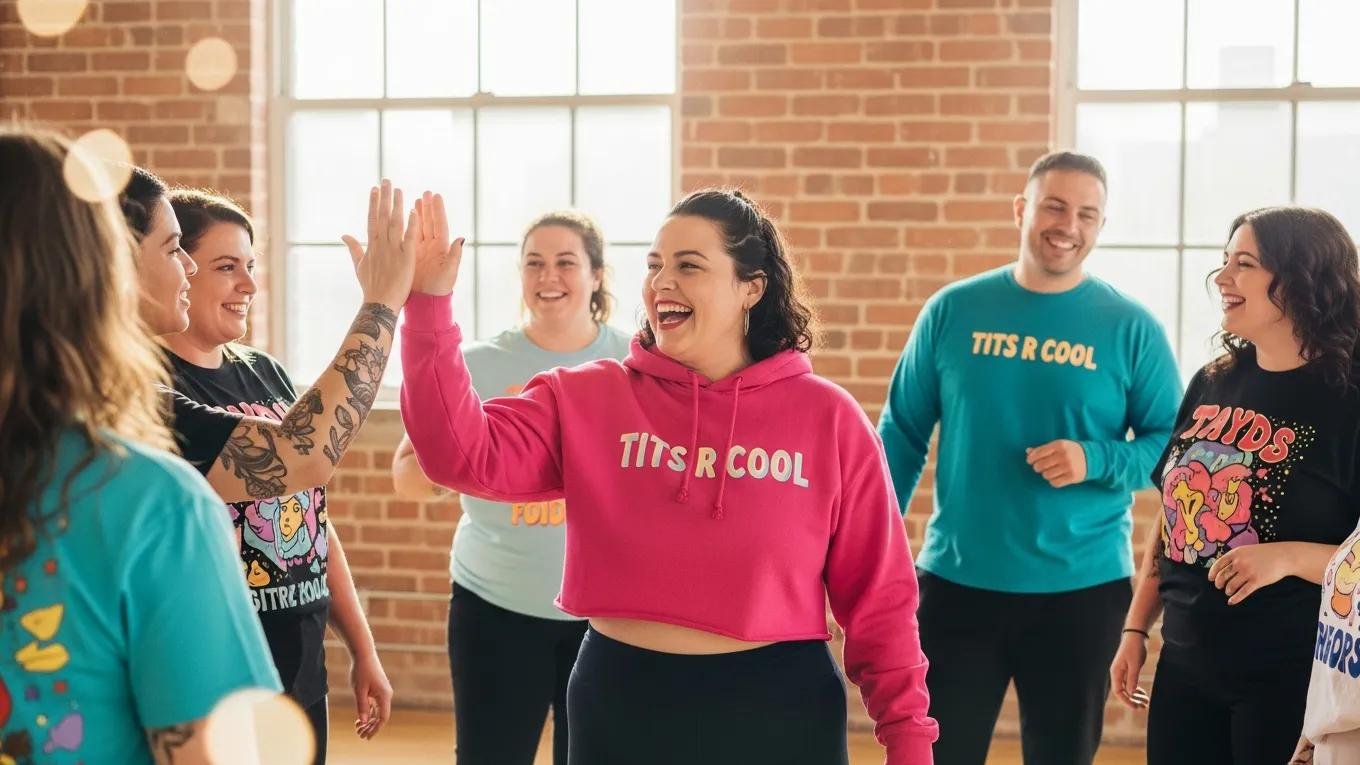 Diverse individuals in bold body-positive clothing representing Tits R Cool's empowering fashion
