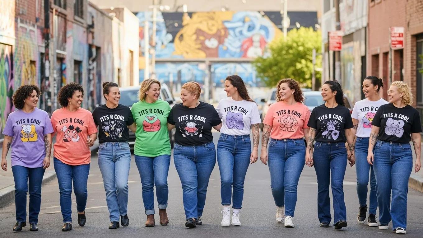 Diverse individuals in bold graphic tees representing body positivity and self-expression in a vibrant urban setting