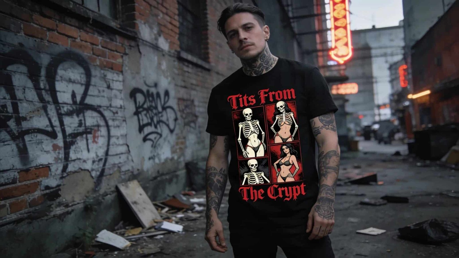 Tattooed man in black tee showcasing edgy graphic design emphasizing individuality and rebellious spirit