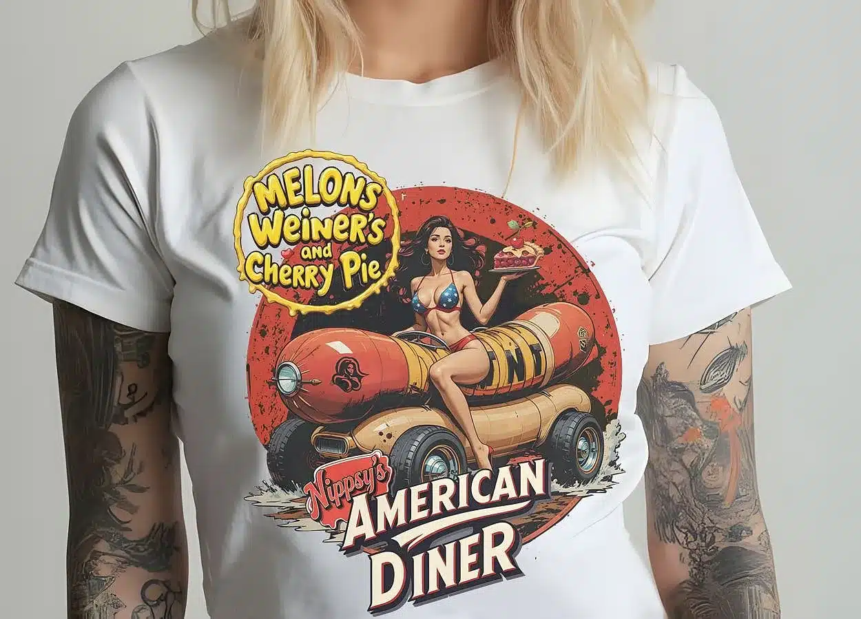 White t-shirt: pin-up woman on hot dog car, pie, 'Melons Weiner's and Cherry Pie' text.