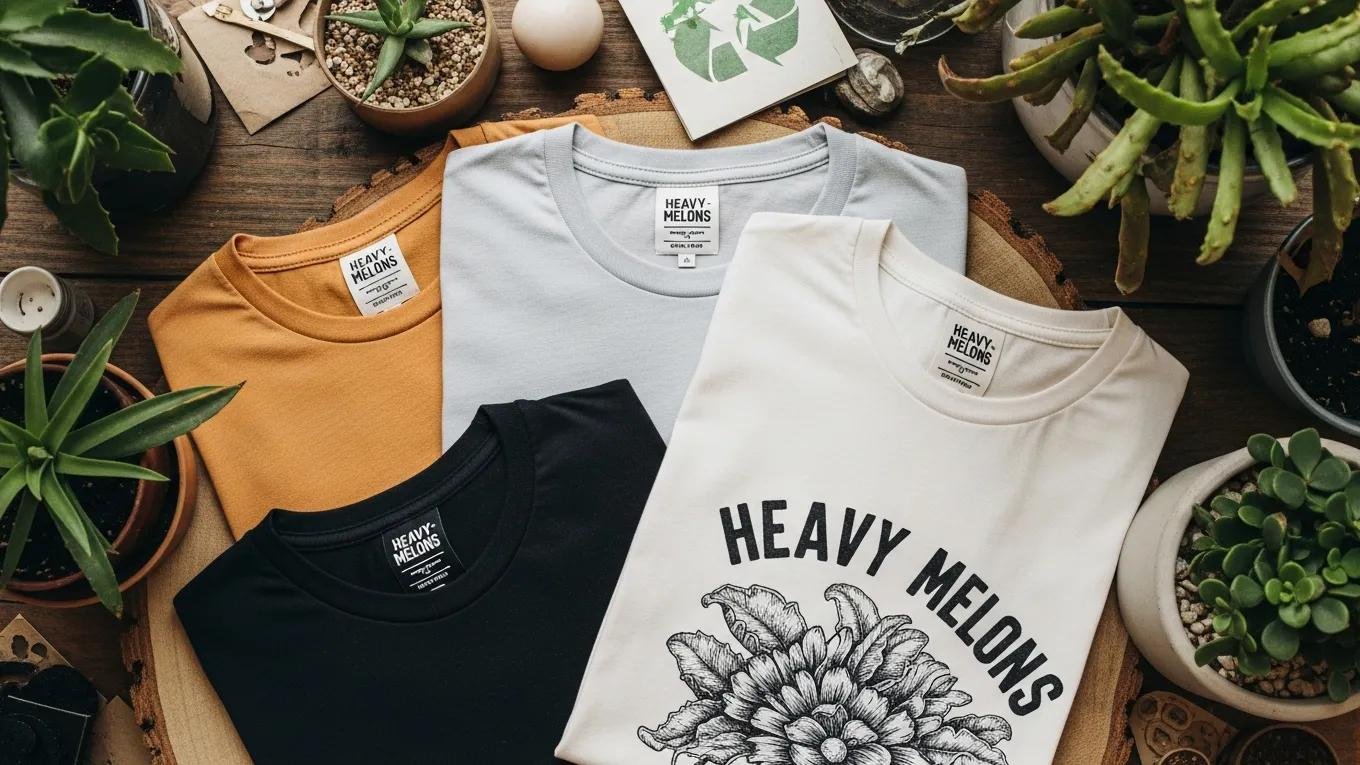 Flat lay of Heavy Melons graphic tees made from sustainable materials on a wooden surface