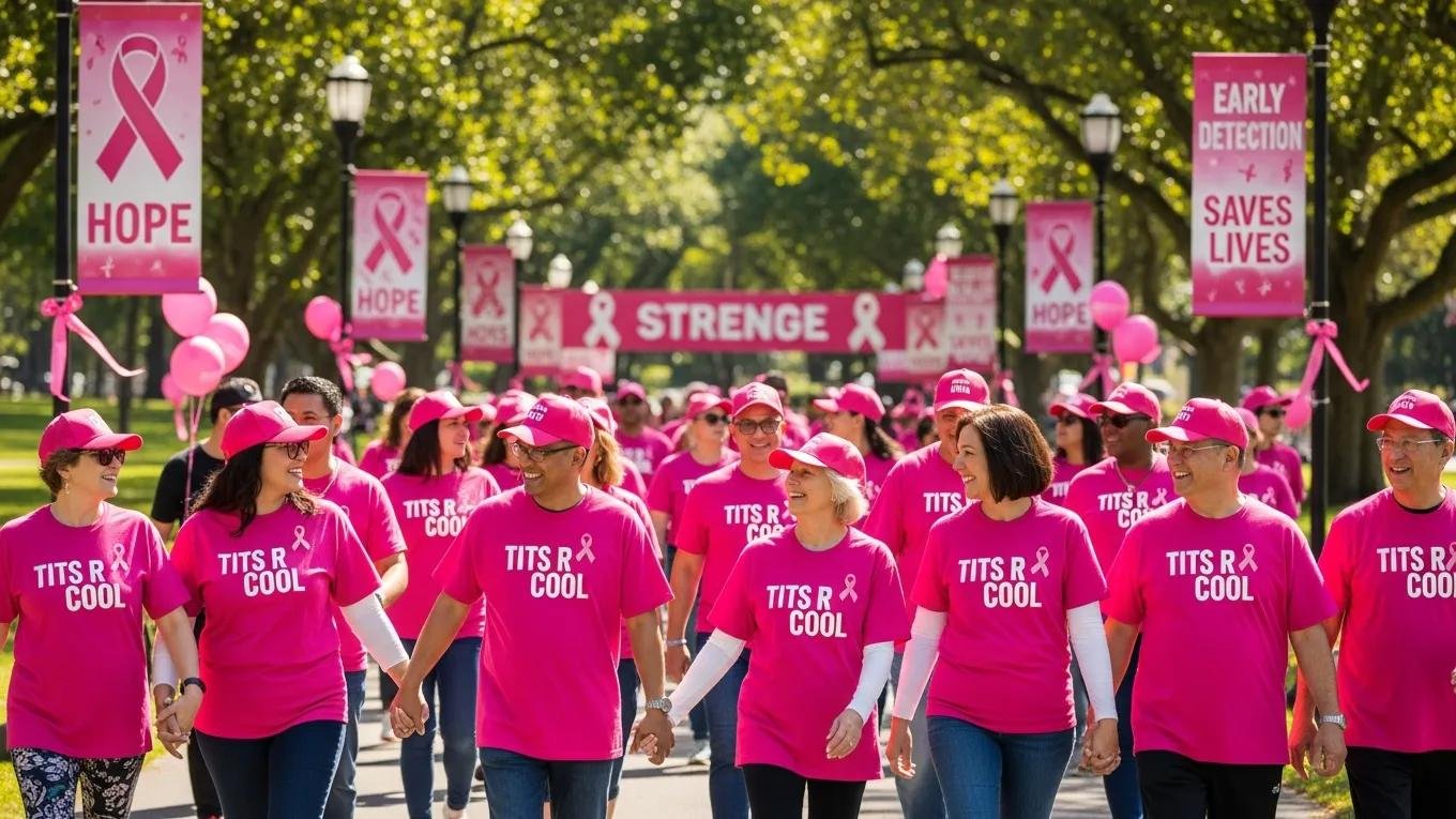 Group of individuals in Tits R Cool apparel at a breast cancer awareness event