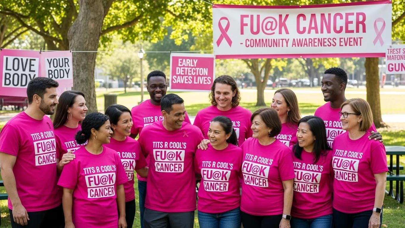 Group of individuals wearing FU@K Cancer tees at a breast cancer awareness event