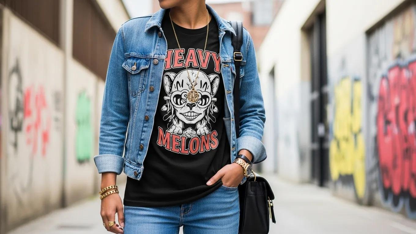 Individual styling a Heavy Melons graphic tee with a denim jacket in an urban environment