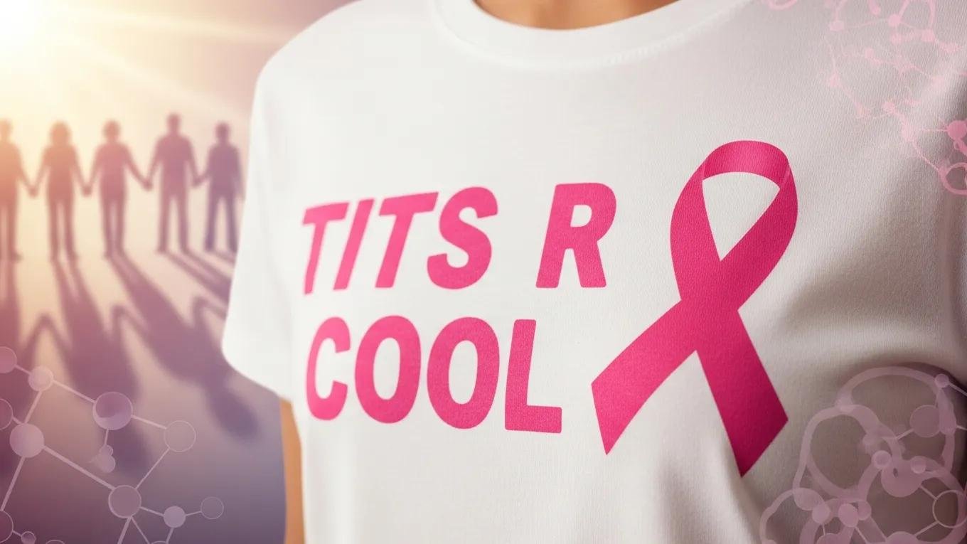 Tits R Cool graphic tee featuring a breast cancer awareness ribbon, highlighting the brand's support for breast cancer research